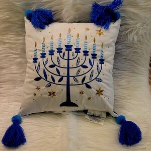 Blue and Gold Menorah Holiday Pillow, With Intricate Embroidered Design. 14 X 14